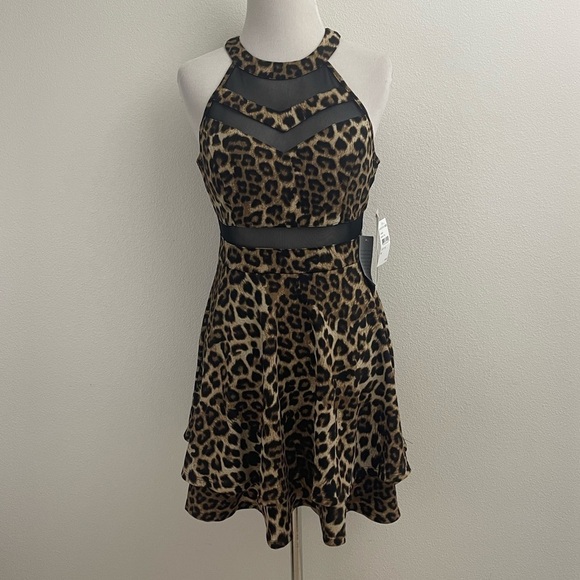 Nordstrom Dresses & Skirts - NORDSTROM LEOPARD PRINT BLACK MESH DETAIL FITTED STRECH A-LINE MINI DRESS